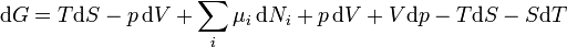 \mathrm{d} G = T\mathrm{d}S - p\,\mathrm{d}V + \sum_i \mu_i \,\mathrm{d} N_i + p \,\mathrm{d}V + V\mathrm{d}p - T\mathrm{d}S - S\mathrm{d}T\,