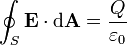 \oint_S \mathbf{E} \cdot \mathrm{d}\mathbf{A} = \frac{Q}{\varepsilon_0}