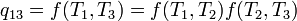 
q_{13} = f(T_1,T_3) = f(T_1,T_2)f(T_2,T_3)
