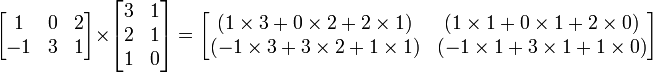 

\begin{bmatrix}
1 & 0 & 2 \\
-1 & 3 & 1 \\
\end{bmatrix}
\times
\begin{bmatrix}
3 & 1 \\
2 & 1 \\
1 & 0 \\
\end{bmatrix}
=
\begin{bmatrix}

( 1 \times 3 + 0 \times 2 + 2 \times 1)
& ( 1 \times 1 + 0 \times 1 + 2 \times 0) \\

(-1 \times 3 + 3 \times 2 + 1 \times 1)
& (-1 \times 1 + 3 \times 1 + 1 \times 0) \\

\end{bmatrix}
