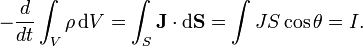 - \frac{d}{dt} \int_V \rho\, \mathrm{d}V = \int_S \mathbf{J} \cdot \mathrm{d}\mathbf{S} = \int J S \cos\theta = I.