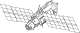 A line diagram of a Kvant 2 space station module, consisting of a stepped-cylindrical shape. Two large solar arrays project from the centre of the module on the wider section, and a cone-shaped airlock is seen at the distal end of the narrower section. Various spherical pieces of equipment and antennas project from the module.