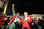 Luis Urzúa, the leader of the trapped miners and the last of the 33 to be lifted to freedom, celebrates with President Piñera at San José Mine, during 