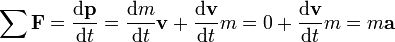 \ \sum{\mathbf{F}} = {\mathrm{d}\mathbf{p} \over \mathrm{d}t} = {\mathrm{d}m \over \mathrm{d}t}\mathbf{v}+ {\mathrm{d}\mathbf{v} \over \mathrm{d}t}m=0+ {\mathrm{d}\mathbf{v} \over \mathrm{d}t}m = m\mathbf{a} 