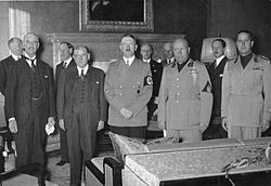 Chamberlain, Daladier, Hitler, Mussolini, and Italian Foreign Minister Count Ciano, as they prepared to sign the Munich Agreement