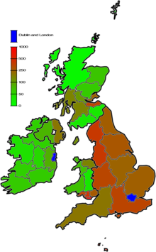 A map of the British Isles showing the relative population densities across the area.