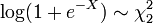 \mathrm{log}(1 + e^{-X}) \sim  \chi_2^2\,