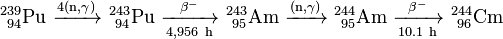 \mathrm{^{239}_{\ 94}Pu\ \xrightarrow {4(n,\gamma)} \ ^{243}_{\ 94}Pu\ \xrightarrow [4,956 \ h]{\beta^-} \ ^{243}_{\ 95}Am\ \xrightarrow {(n,\gamma)} \ ^{244}_{\ 95}Am\ \xrightarrow [10.1 \ h]{\beta^-} \ ^{244}_{\ 96}Cm}