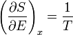 \left(\frac{\partial S}{\partial E}\right)_{x} = \frac{1}{T}\,