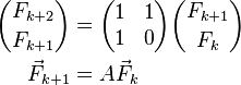 \begin{align}
 {F_{k+2} \choose F_{k+1}} &= \begin{pmatrix} 1 & 1 \\ 1 & 0 \end{pmatrix} {F_{k+1} \choose F_{k}} \\
 \vec F_{k+1} &= A \vec F_{k}
\end{align}