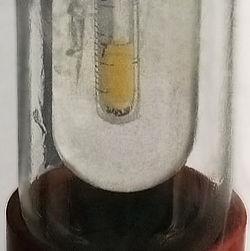 Small sample of pale yellow liquid fluorine condensed in liquid nitrogen