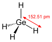 Skeletal chemical structure of a tetrahedral molecule with germanium atom in its center bonded to four hydrogen atoms. The Ge-H distance is 152.51 picometers.