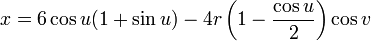 x = 6 \cos u(1 + \sin u) - 4r\left(1 - \frac{\cos u}{2}\right) \cos v