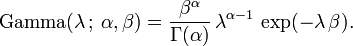  \mathrm{Gamma}(\lambda \,;\, \alpha, \beta) = \frac{\beta^{\alpha}}{\Gamma(\alpha)} \, \lambda^{\alpha-1} \, \exp(-\lambda\,\beta). \!