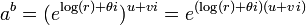 \,a^b = (e^{\log(r) + {\theta}i})^{u + vi} = e^{(\log(r) + {\theta}i)(u + vi)}