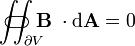 \iint_{\partial V}\!\!\!\!\!\!\!\!\!\!\!\!\!\!\!\!\!\!\!\;\;\;\subset\!\supset \mathbf B\;\cdot\mathrm{d}\mathbf A = 0