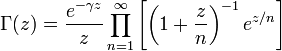 
\Gamma (z) = \frac{e^{-\gamma z}}{z} \prod_{n=1}^\infty \left[\left(1+\frac{z}{n}\right)^{-1}e^{z/n}\right]\,
